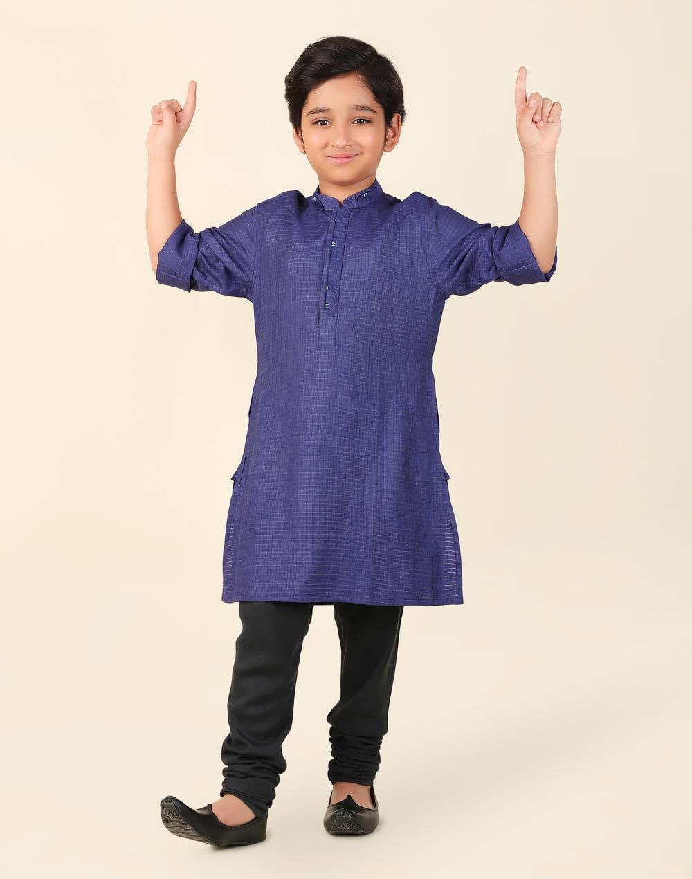 Fabindia Boys Viscose Blend Checks Regular Fit Kurta (1032821NAVY_Navy