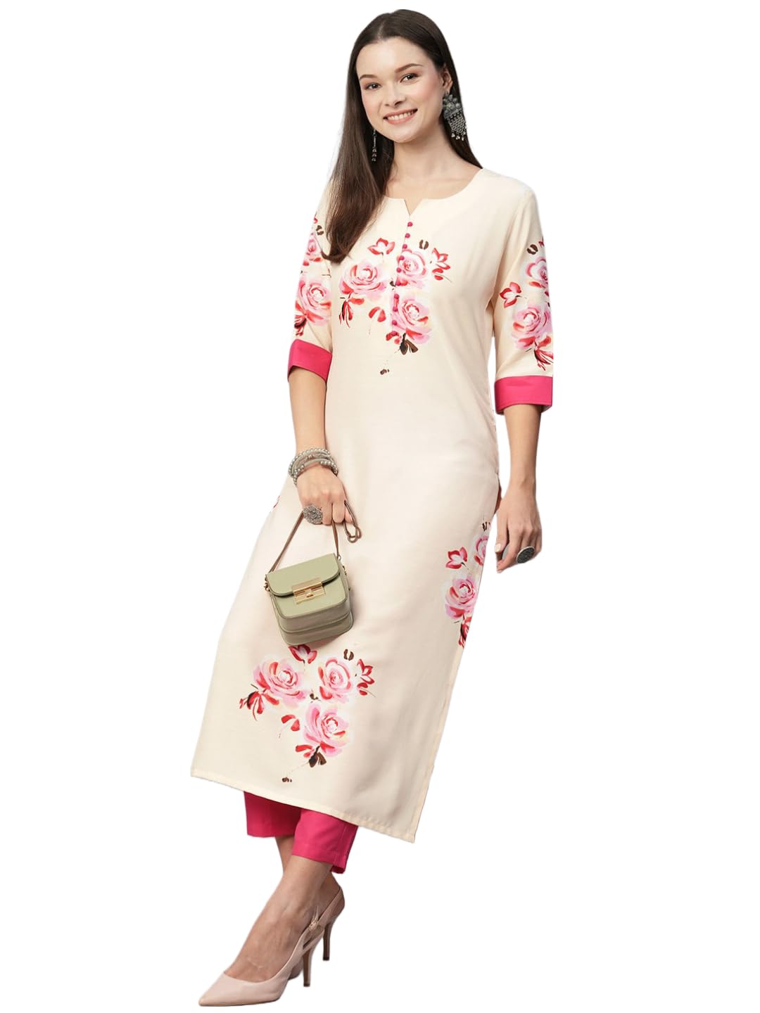 ANNI DESIGNER Womens Cotton Blend Printed Straight Kurta with Pant (Tissa Cream-STN_L_Cream_Large)