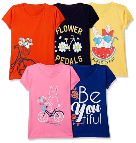 T2F Girls Solid Regular Fit T-Shirt Pack of 5(GLS-TSRT-01_Multicolor 4_9 Years-10 Years)