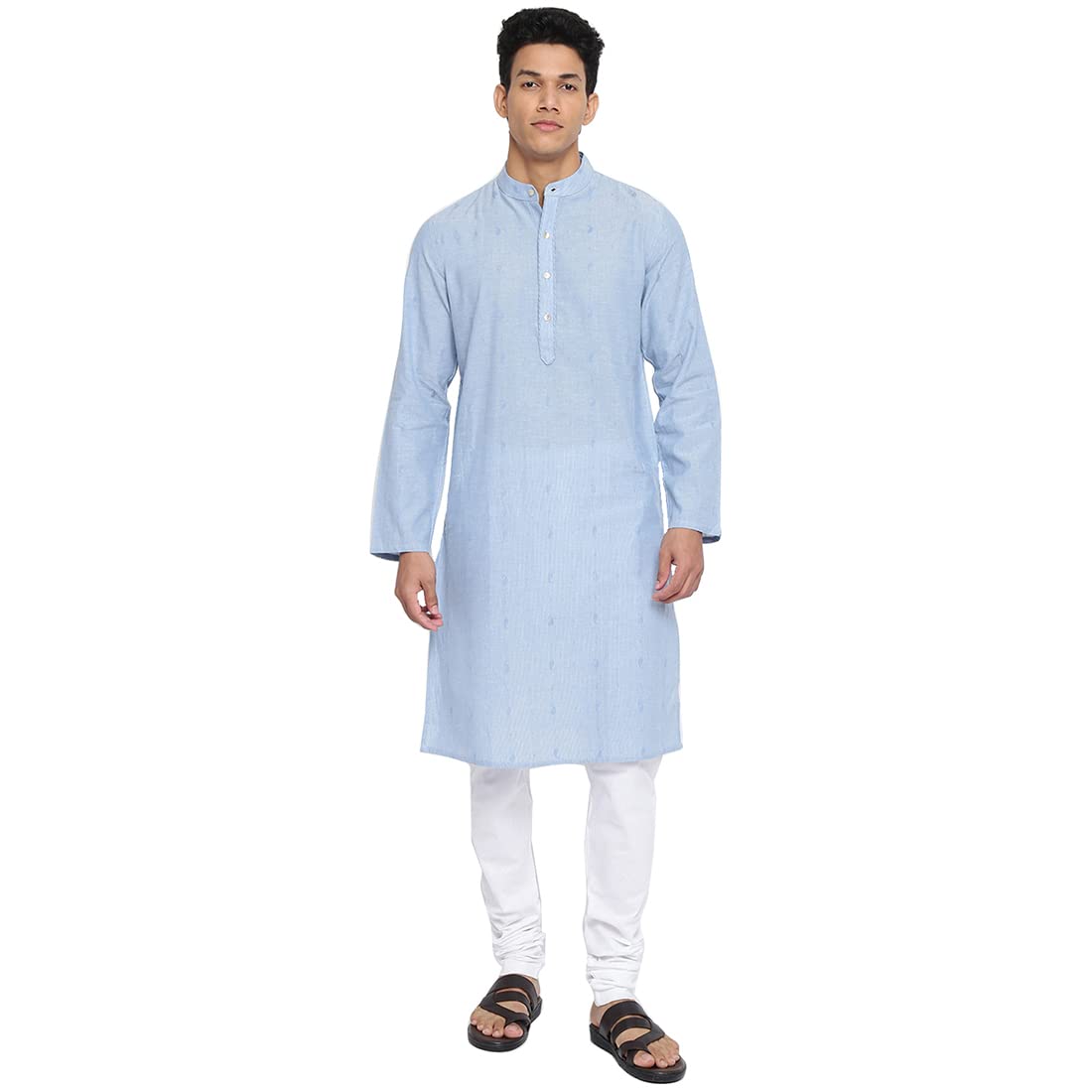 Fabindia Men Cotton Slim Fit Geometric Long Kurta Blue_M