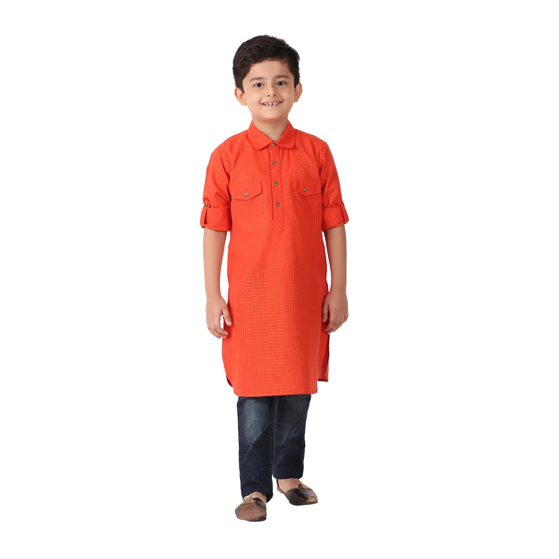 Fabindia Kids Cotton Blend Checks Pathani Orange_2-3Y