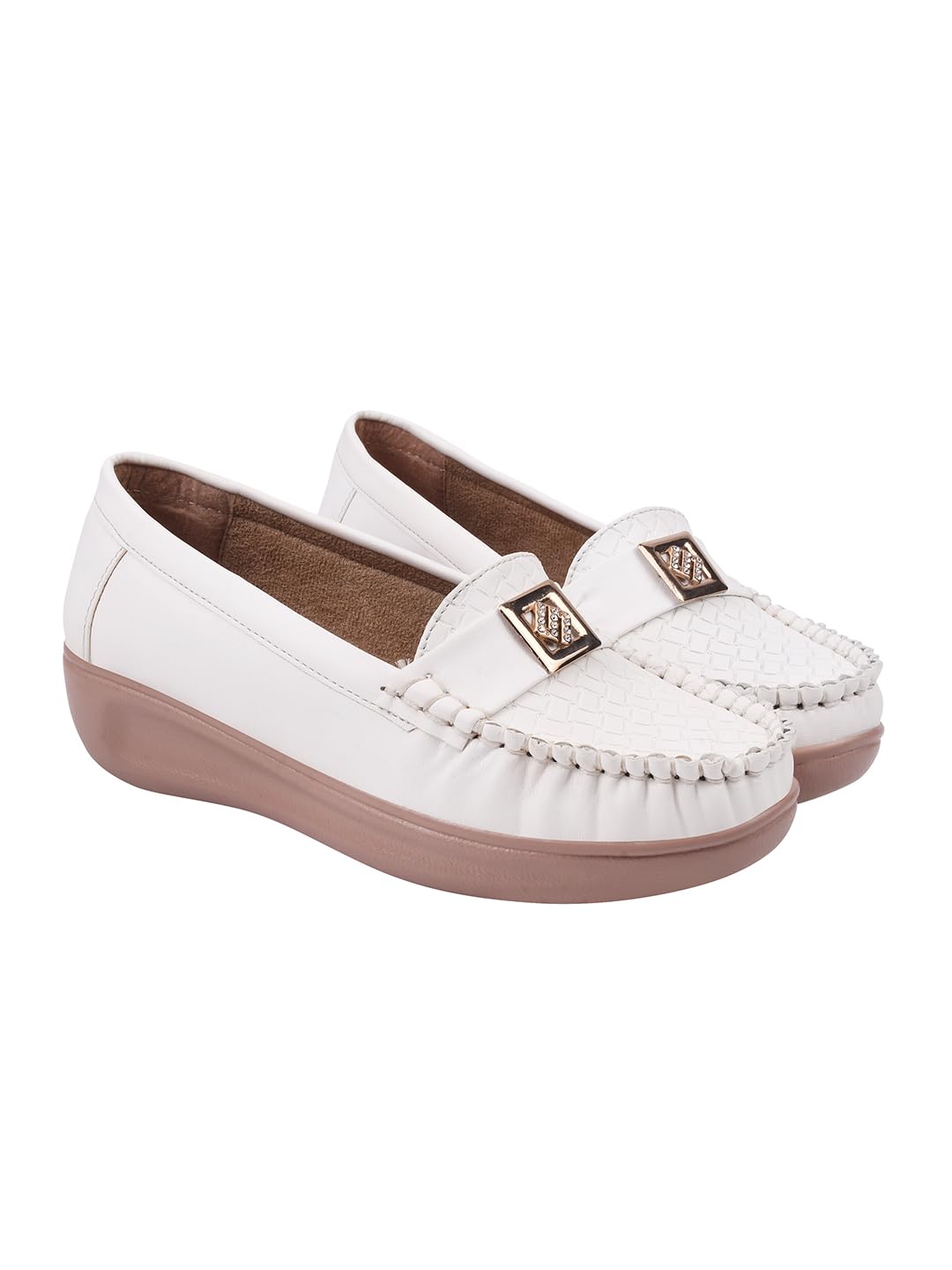 Shoetopia Womens White Loafers  Lightweight SlipOn Comfort Flats with Cushioned Insole, Soft Sole & Stylish Metal Accent for O 5