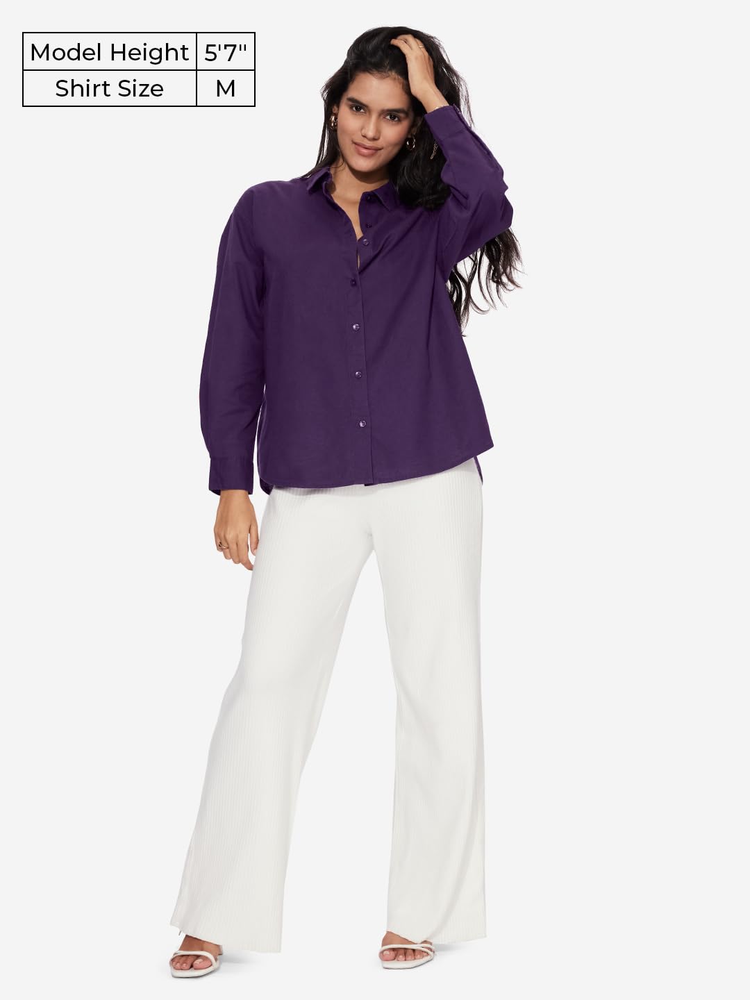The Souled Store Cotton Linen: Royal Purple Women and Girls Long Sleeves Collared Neck Button Front Boyfriend Shirts
