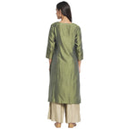 Fabindia Women Cotton Silk Embroidered Long Kurta Green