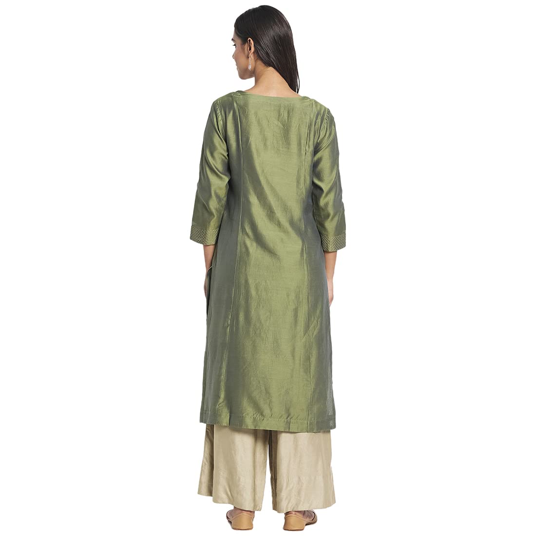 Fabindia Women Cotton Silk Embroidered Long Kurta Green