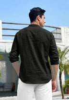 Macsivo MenS Cotton Polyester Blend Solid Regular Fit Full Sleeve Short Kurta | Lightweight Summer Short Kurta Black