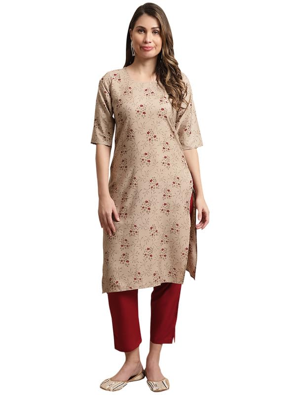 Pinkmint Kurta Set For Women Cotton Printed Knee Length Straight Round Neck Kurti With Pant (Pack Of 1) Beige-Red