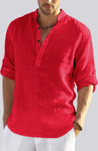 Hemrin MenS Cotton Blend Full Sleeve Short Kurta Shirt With Mandarin Collar Red