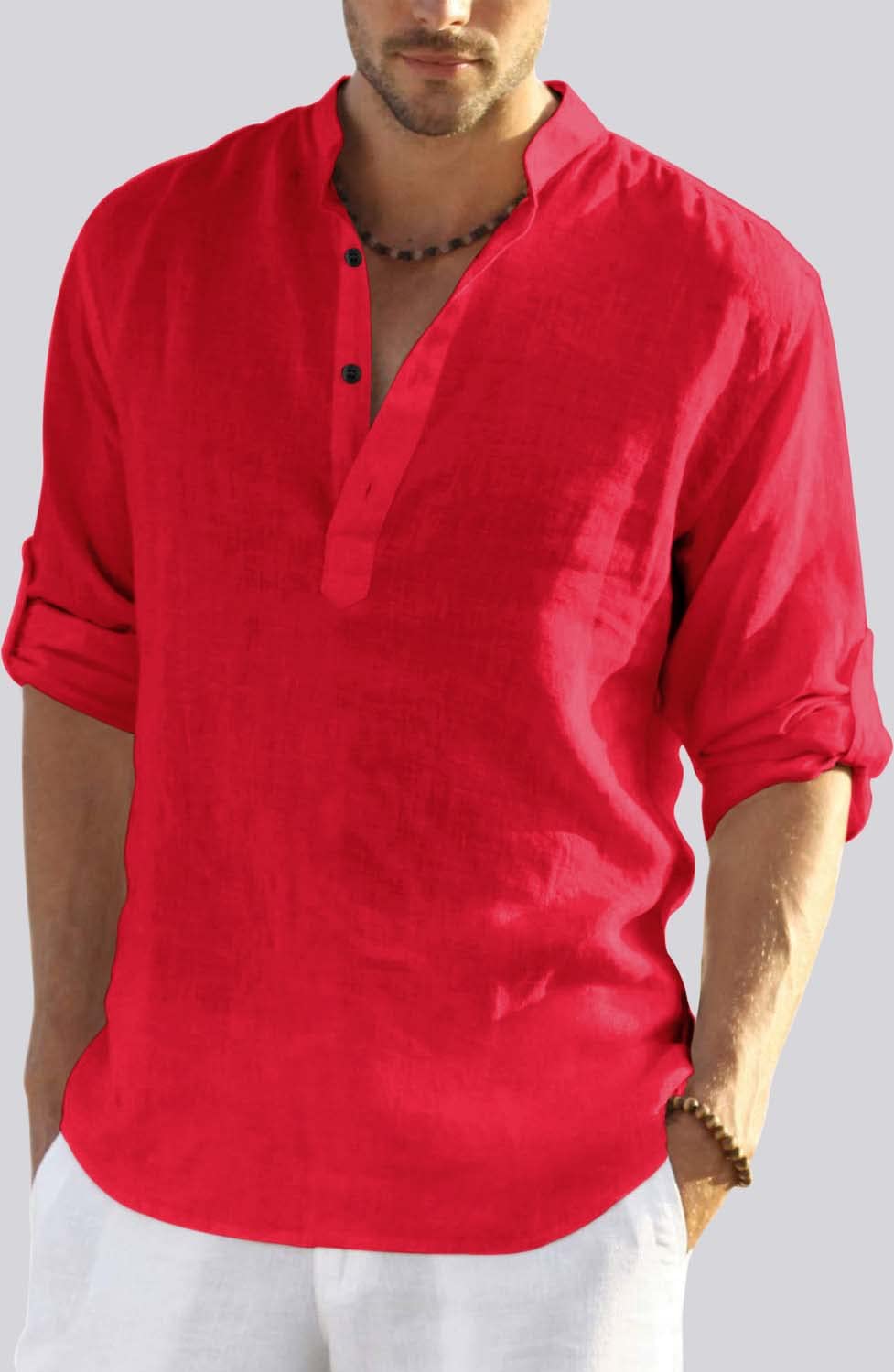 Hemrin MenS Cotton Blend Full Sleeve Short Kurta Shirt With Mandarin Collar Red
