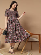 Kzully | Colorful Floral Print Midi Dress | Smocking And Elastic Comfort | Stylish Woman Wearing A Pretty Printed Flower | Trend