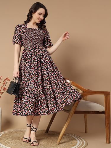 Kzully | Colorful Floral Print Midi Dress | Smocking And Elastic Comfort | Stylish Woman Wearing A Pretty Printed Flower | Trend