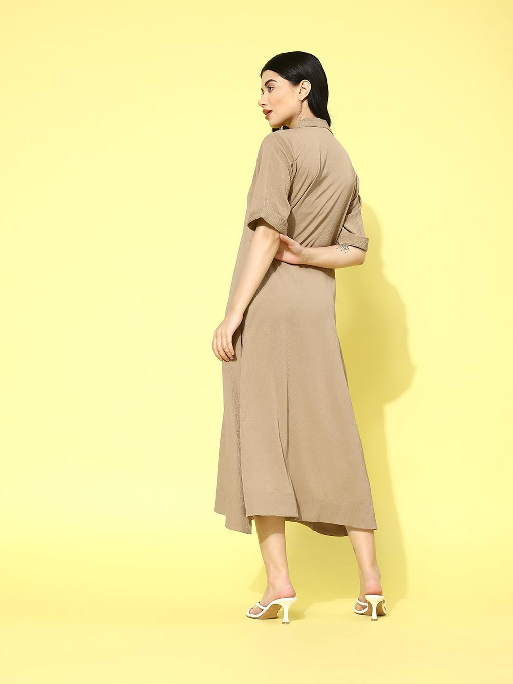 Varanga Women Beige Shirt Collar A-Line Dress  Comfortable Short Sleeves Calf Length Dress For Stylish Everyday Wear, Office & C