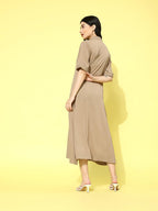 Varanga Women Beige Shirt Collar A-Line Dress  Comfortable Short Sleeves Calf Length Dress For Stylish Everyday Wear, Office & C