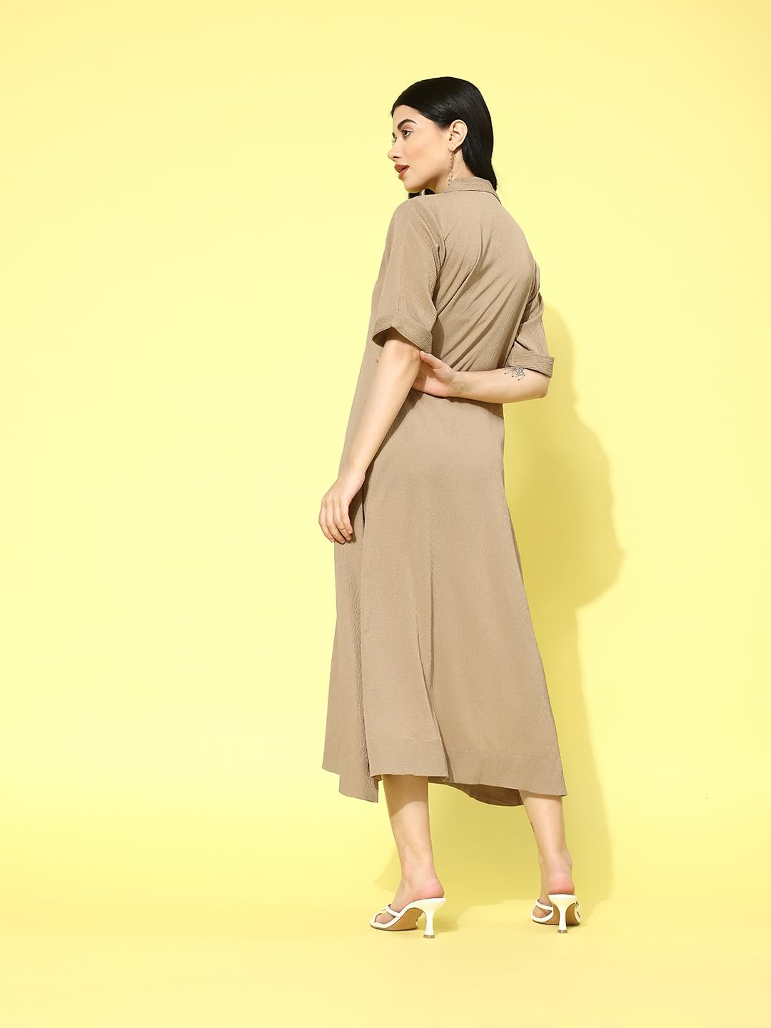 Varanga Women Beige Shirt Collar A-Line Dress  Comfortable Short Sleeves Calf Length Dress For Stylish Everyday Wear, Office & C
