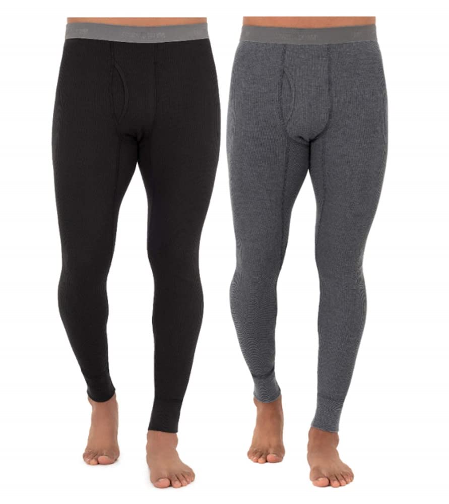 Fruit of the Loom Men's Recycled Premium Waffle Thermal Underwear Long Johns Bottom (1, 2, 3, and 4 Packs), Black/Greystone Heat