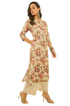 Soch Womens Pink Rayon Floral Print Kantha Weave Kurta With Tassels