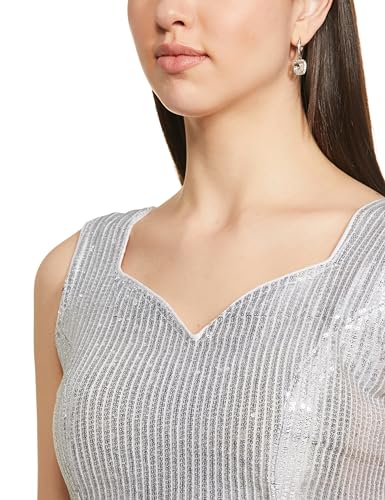 Vihu Fashion Womens Multicolor Sweetheart Neck Georgette Line Soft Sequence Zari Work Sleeves Readymade Saree Blouse (Silver, 3