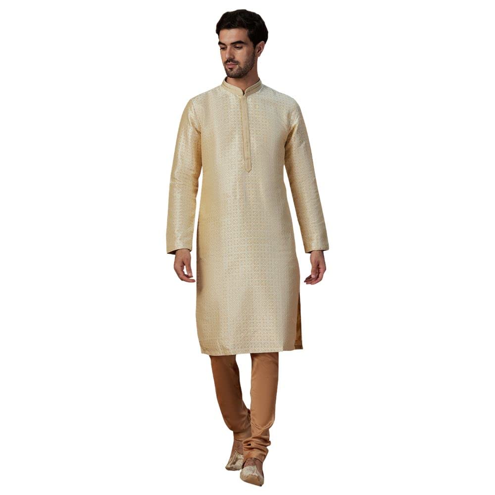 Manyavar Kurta Set for Men, Full Sleeves Mandarin Collar Ethnic Mens Kurta Set for Engagement, Wedding, Party Art Silk Printed 