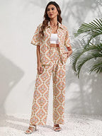 Greciilooks Women Co Ord Set| Knot Front Shirt & Wide Leg Pants| Allover Print Shirt & Bottom| Long Sleeve Shirt| Straight Print