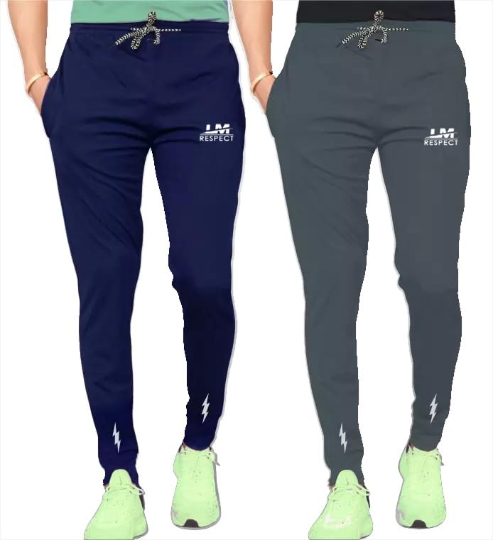 LookMark Mens Combo Slim Fit Solid Lycra Blend Full Elastic Sport Wear Running Gym Stretchable Jogger Track Pant in Navy & Grey
