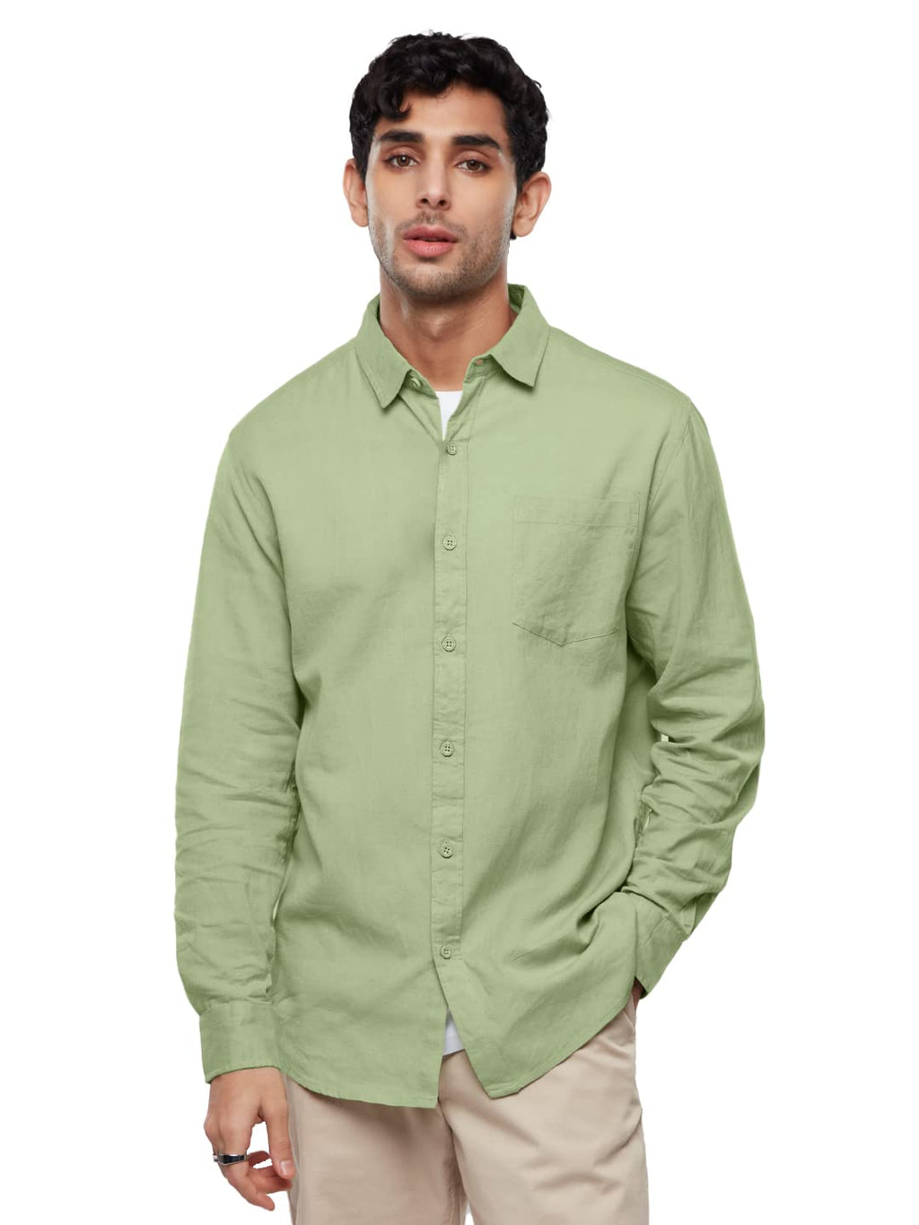 The Souled Store Solids: Pastel Lime Men and Boys Regular fit Solid Full Sleeve Cottonblend Green Color Cotton Linen Shirts (221