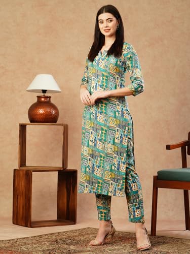ANNI DESIGNER Womens Cotton Blend Straight Printed Kurta with Pant (ING 10 Blue_M_Blue_Medium)