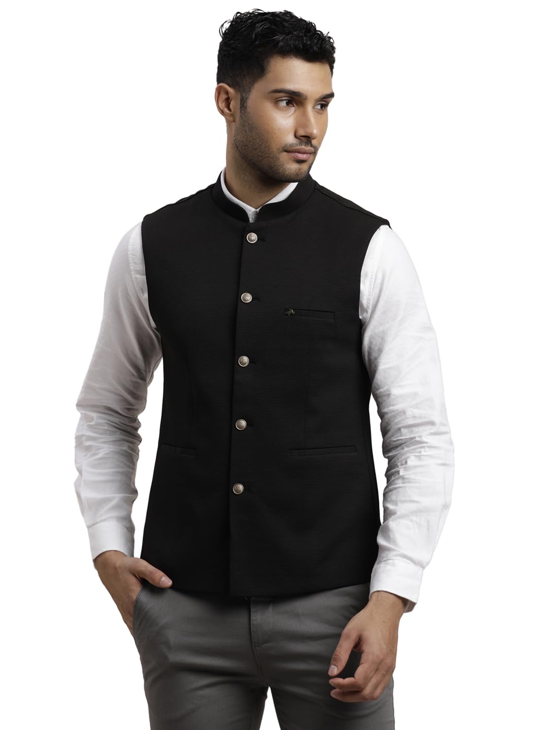 Turtle Men Knitted TR Dobby Print Slim Fit Black Nehru Jacket