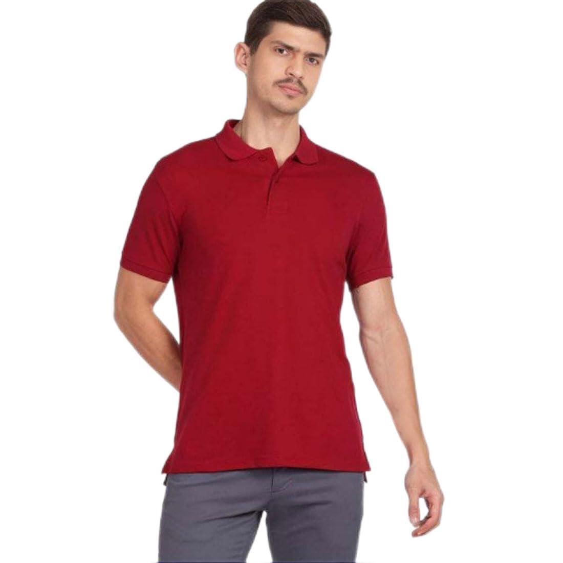 UKAL Mens Polo Shirt Short Sleeve Sports Casual Outdoor Tipped Collar Polo tShirt Solid 2 Buttons Tops, Maroon, XXLarge 2