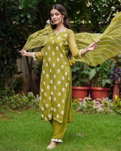 ANNI DESIGNER Womens Cotton Blend Embroidered Straight Kurta with Pant & Dupatta (CHAKDOL-MAHENDI_M_Green_Medium)