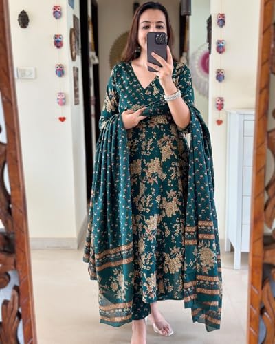 ANNI DESIGNER Womens Rayon Blend Anarkali Printed Kurta with Pant & Dupatta (NAVNEETA Dark Green_L_Dark Green_Large)