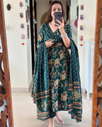 ANNI DESIGNER Womens Rayon Blend Anarkali Printed Kurta with Pant & Dupatta (NAVNEETA Dark Green_L_Dark Green_Large)