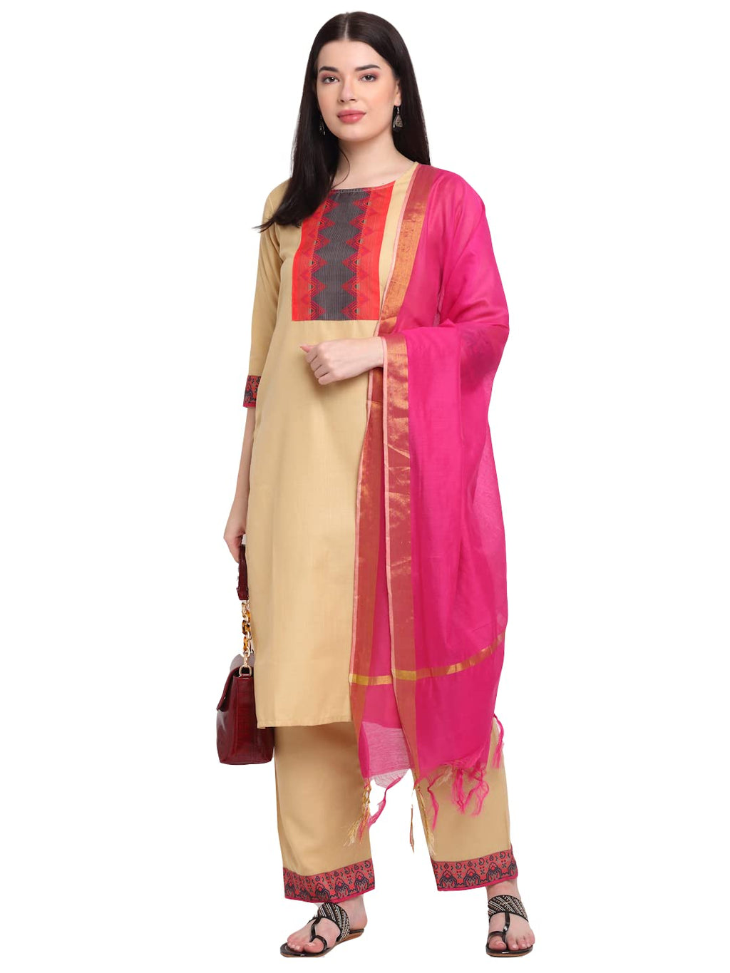 ANNI DESIGNER Women's Cotton Straight Kurta with Palazzo & Dupatta (KPZD-COT-10012-BEIGE_S_Beige_Small)