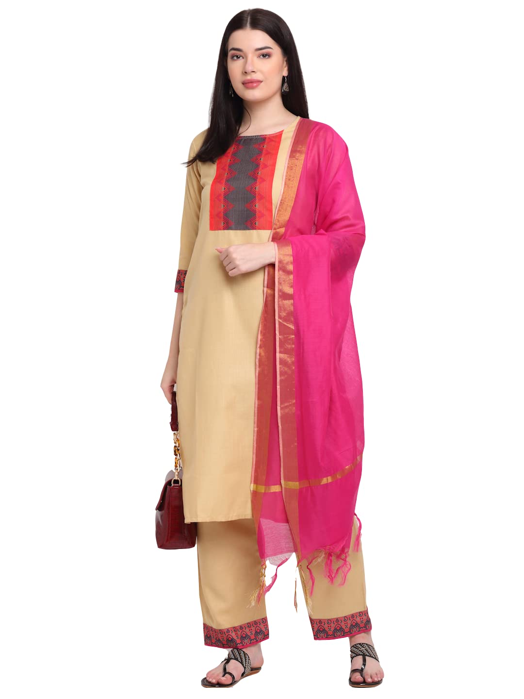 ANNI DESIGNER Women's Cotton Straight Kurta with Palazzo & Dupatta (KPZD-COT-10012-BEIGE_S_Beige_Small)