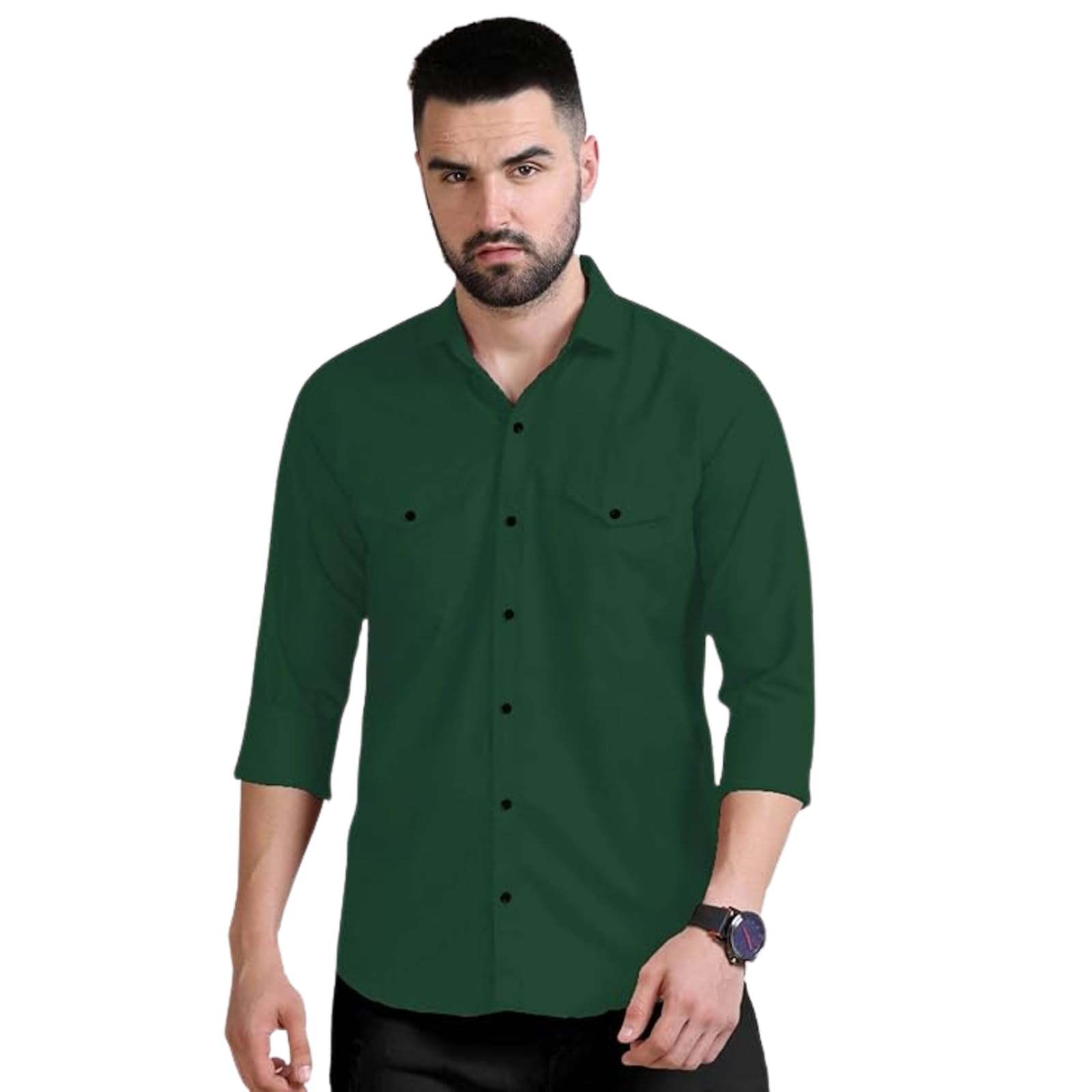 Rebelify MenS Double Pocket Shirt  Classic Casual Cotton Blend With Adjustable Cuffs Bottle Green