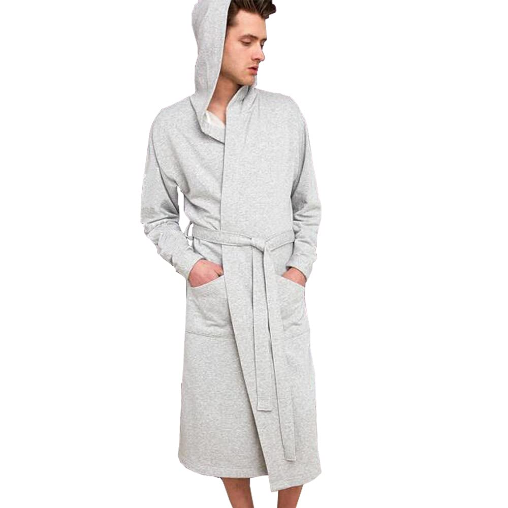 HOLOVE Mens Cotton Hooded Robes Soft Lightweight Plus Size Bathrobe (Light Gary 2XL/3XL)