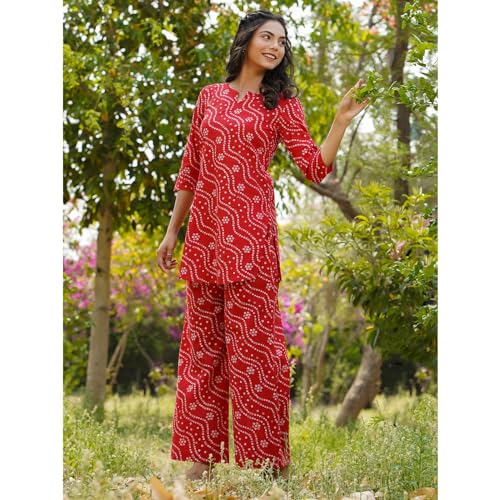 ANNI DESIGNER Womens Rayon Blend Straight Bandhej Printed Kurta with Pant (Nesta Red_M_Red_Medium)
