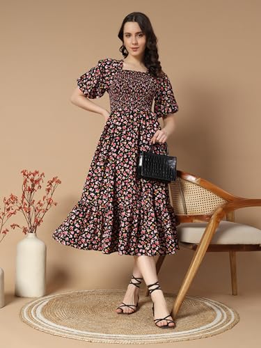 Kzully | Colorful Floral Print Midi Dress | Smocking And Elastic Comfort | Stylish Woman Wearing A Pretty Printed Flower | Trend