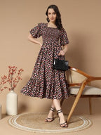 Kzully | Colorful Floral Print Midi Dress | Smocking And Elastic Comfort | Stylish Woman Wearing A Pretty Printed Flower | Trend