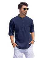 Hemrin Men Solid Cotton Blend Straight Kurta Shirt Navy Blue