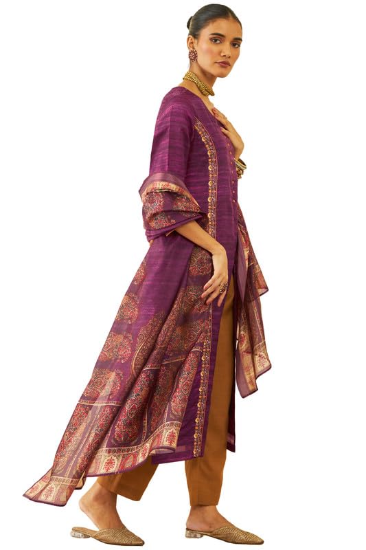 Soch Womens Wine Silk Blend Floral Embroidered Straight Kurta Suit Set