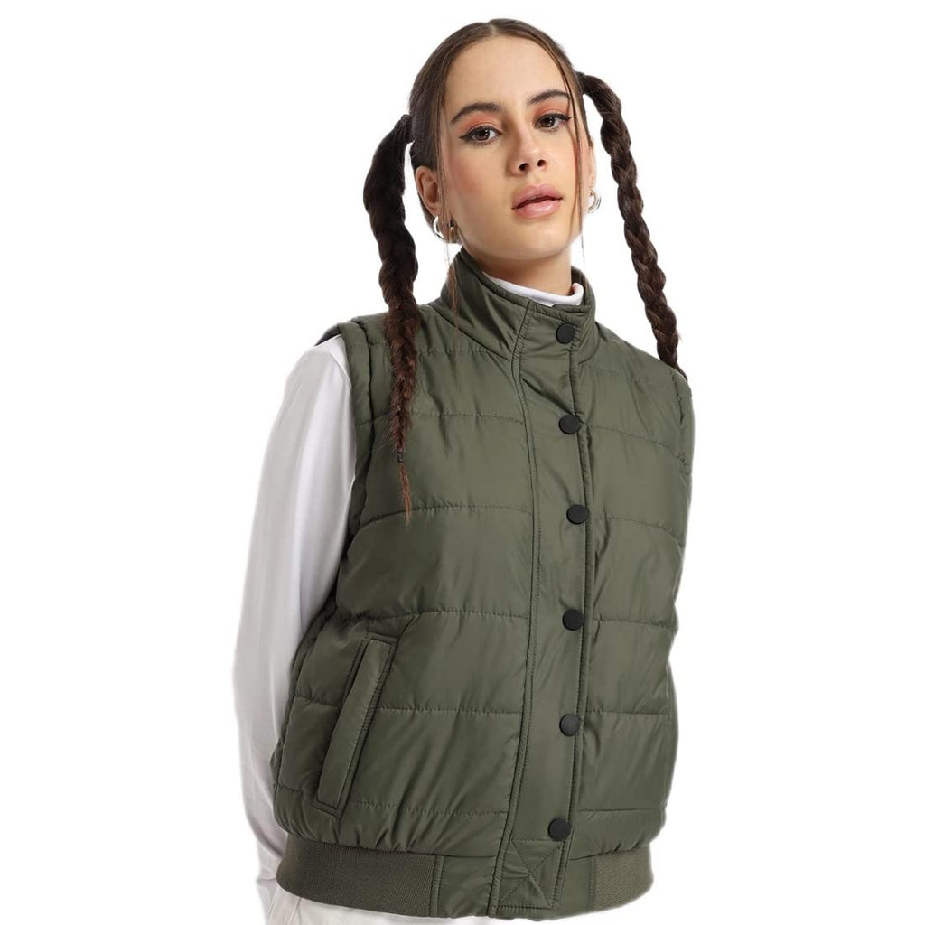 Bewakoof Womens Solid Regular Fit Sleeveless Stand Collar Nylon Jacket