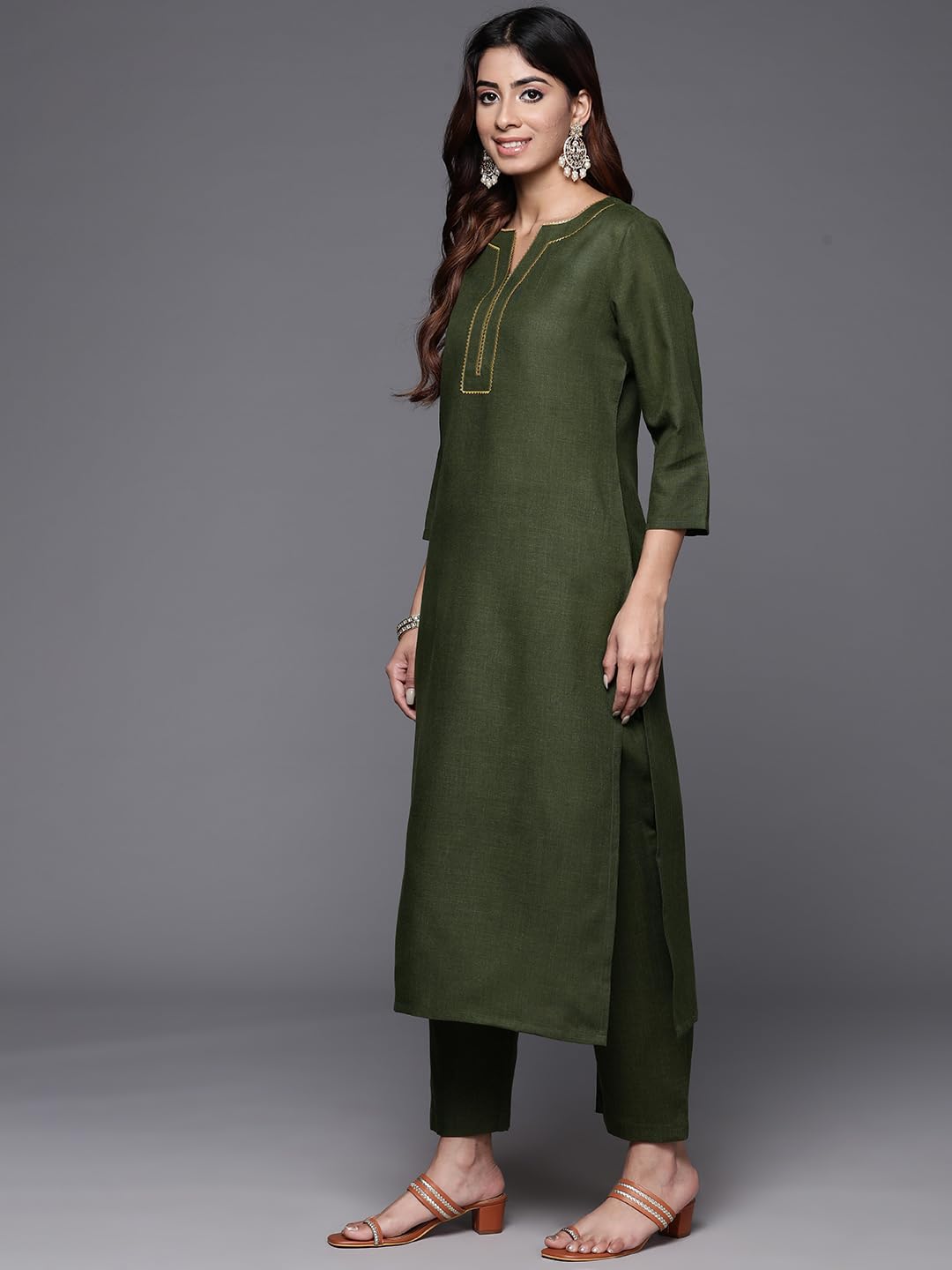 Varanga WomenS Olive Green Gota Embellished Straight Kurta Paired With Tonal Bottom & Dupatta