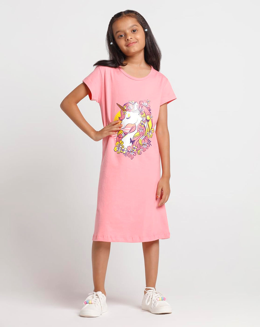 T2F Girls Half Sleeve 100% Cotton Knee Length Printed Nightgown, Nightdress, Sleepwear (Pack of 3)