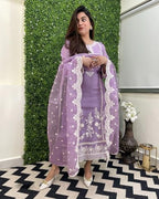 ANNI DESIGNER Womens Rayon Blend Straight Embroidered Kurta with Pant & Dupatta (Rosewood Purple_L_Purple_Large)