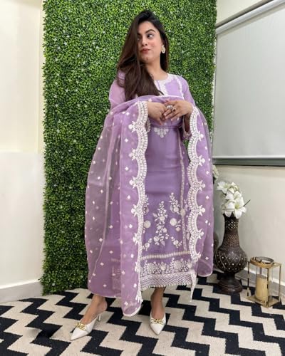 ANNI DESIGNER Womens Rayon Blend Straight Embroidered Kurta with Pant & Dupatta (Rosewood Purple_M_Purple_Medium)