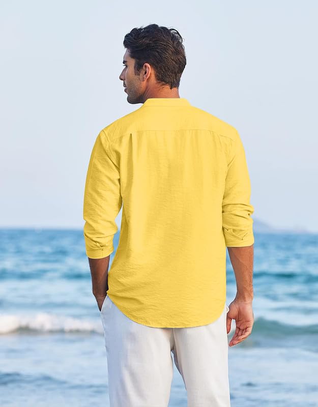 Macsivo MenS Casual Cotton Polyester Blend Long Sleeve Henley Short Kurta | Lightweight Summer Kurta Yellow