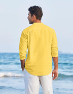 Macsivo MenS Casual Cotton Polyester Blend Long Sleeve Henley Short Kurta | Lightweight Summer Kurta Yellow
