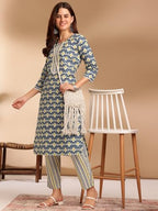 Kurta Set: Radiate Style And Sophistication! Elevate Your Look With Our Cotton Blend Printed Kurti Pant Sets! Blue