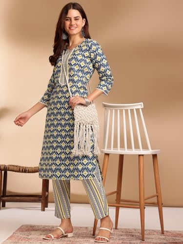 Kurta Set: Radiate Style And Sophistication! Elevate Your Look With Our Cotton Blend Printed Kurti Pant Sets! Blue