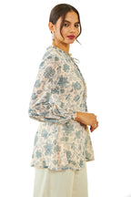 Soch Womens Beige Georgette Floral Print Ruffle-Neck A-Line Tunic
